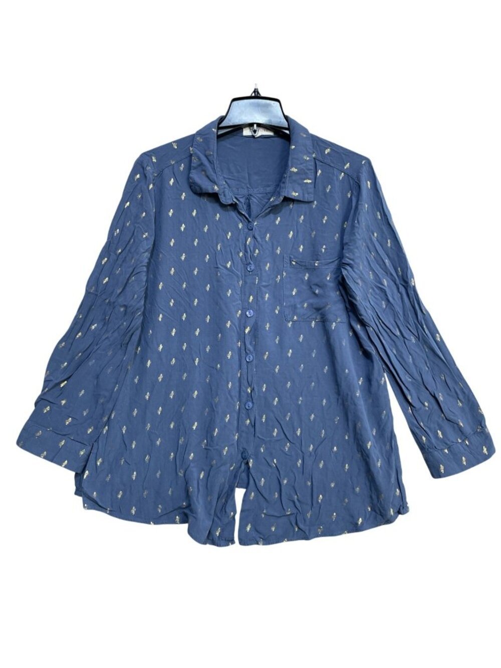 Solitaire Women's L Blue & Gold Pattern Button-Up Shirt  B1280